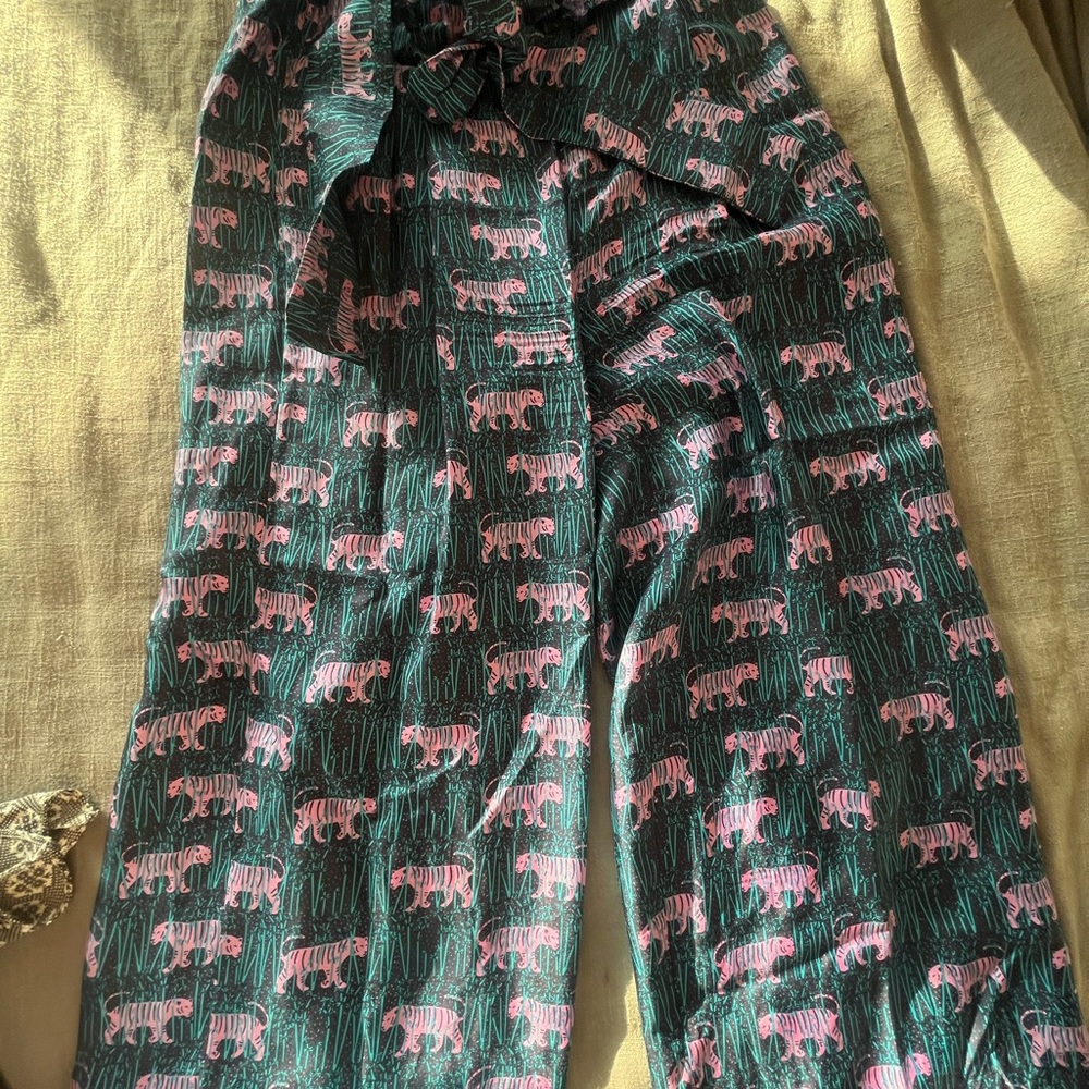 J. Crew Teal Pajama Pants with Pink Tiger Design
